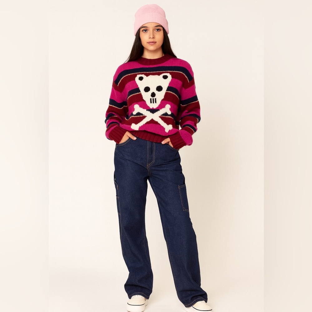 Teddy Fresh Bear Skull & Bones Red Pink Striped Crewneck Sweater XS Oversized